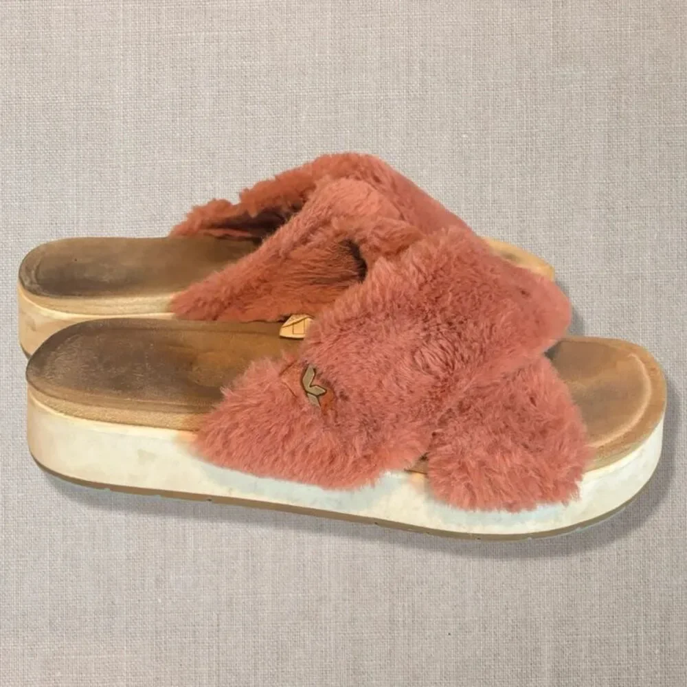 Koolaburra by UGG Roubie Fuzz Platform Slide Sandals Pink Faux Fur US 8